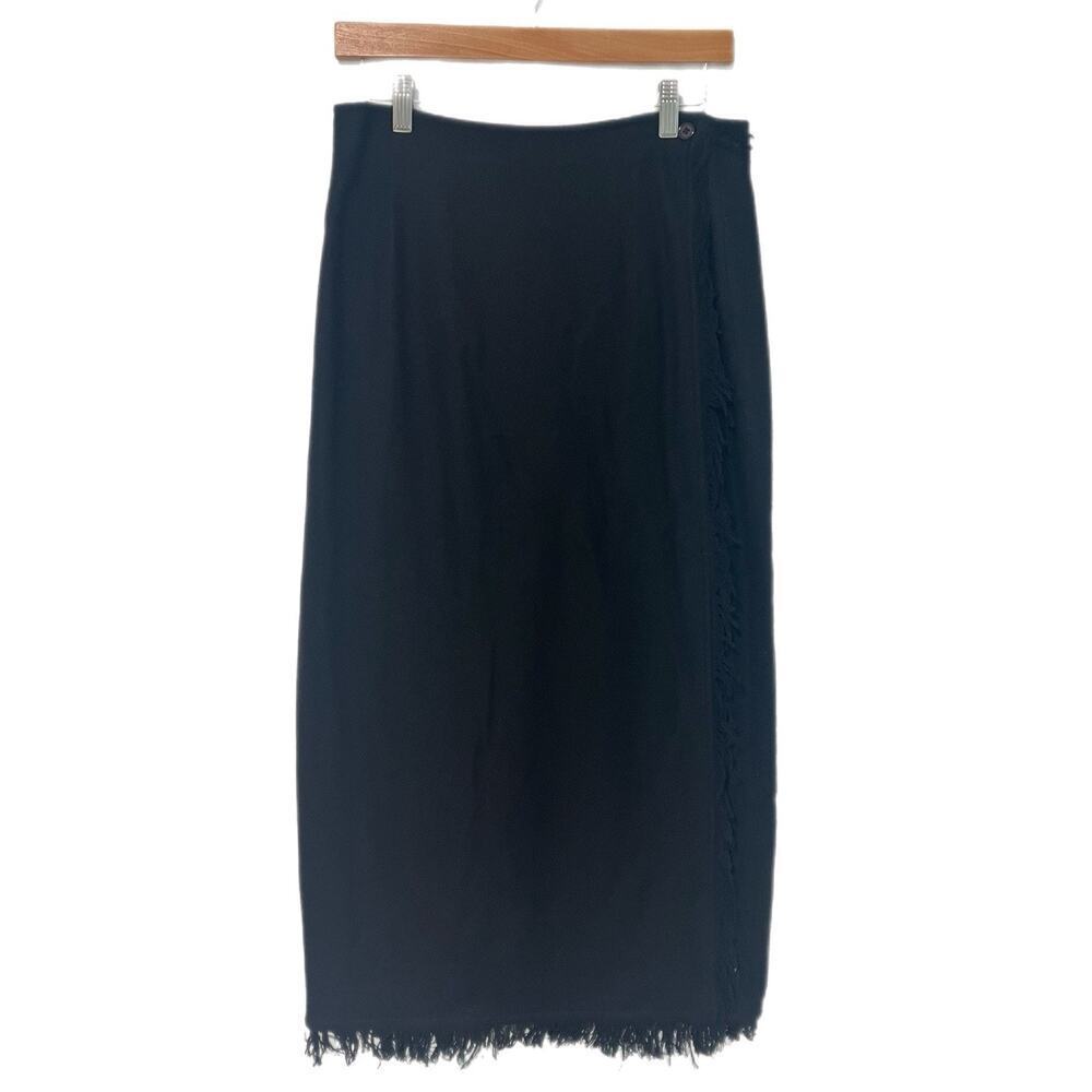 Austin Clothing Co Women Black Wool Blend Midi Wrap Skirt Fringe Size M OldMoney